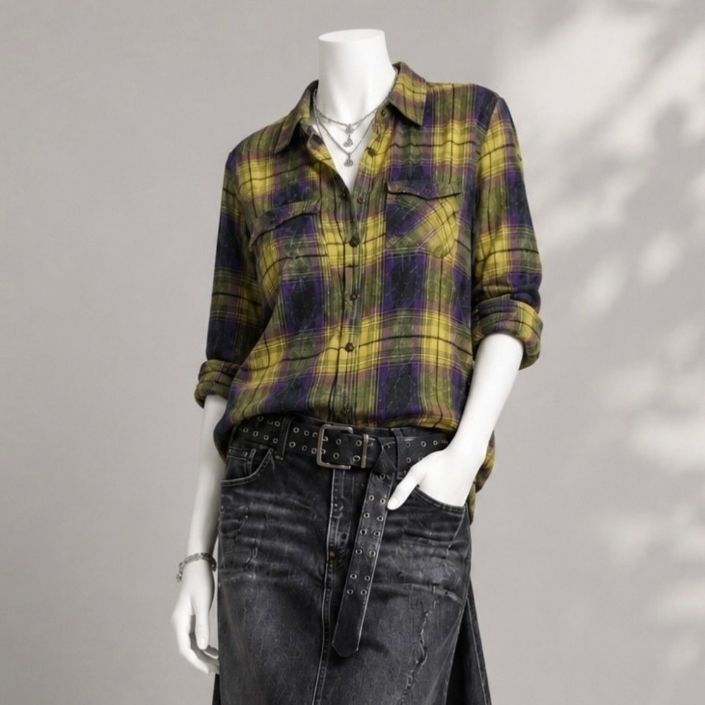 Fashion Bug Plaid Button Shirt Women's S Green Purple Cotton Grunge Indie Boho
